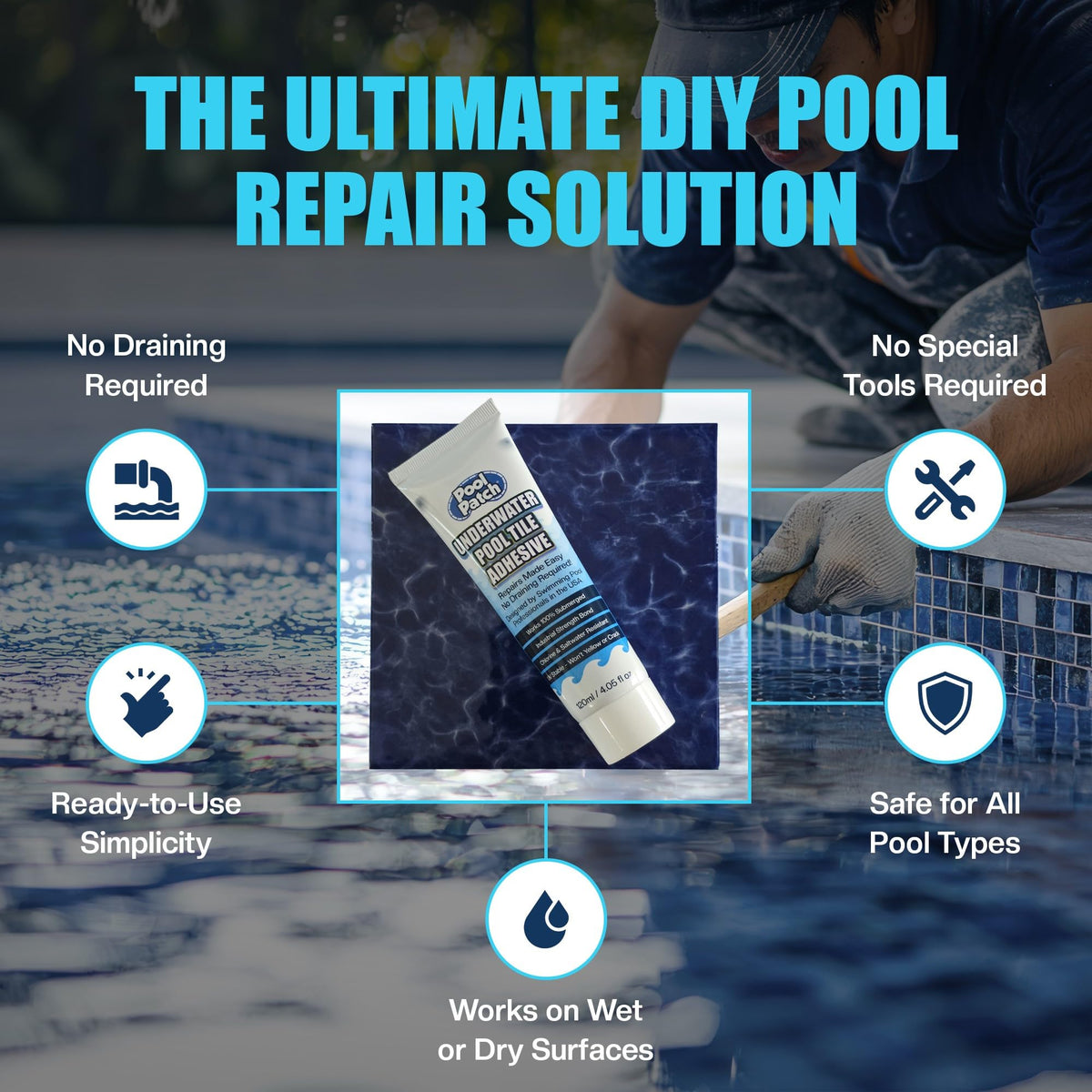 Pool Patch underwater application highlights convenient, durable tile repairs