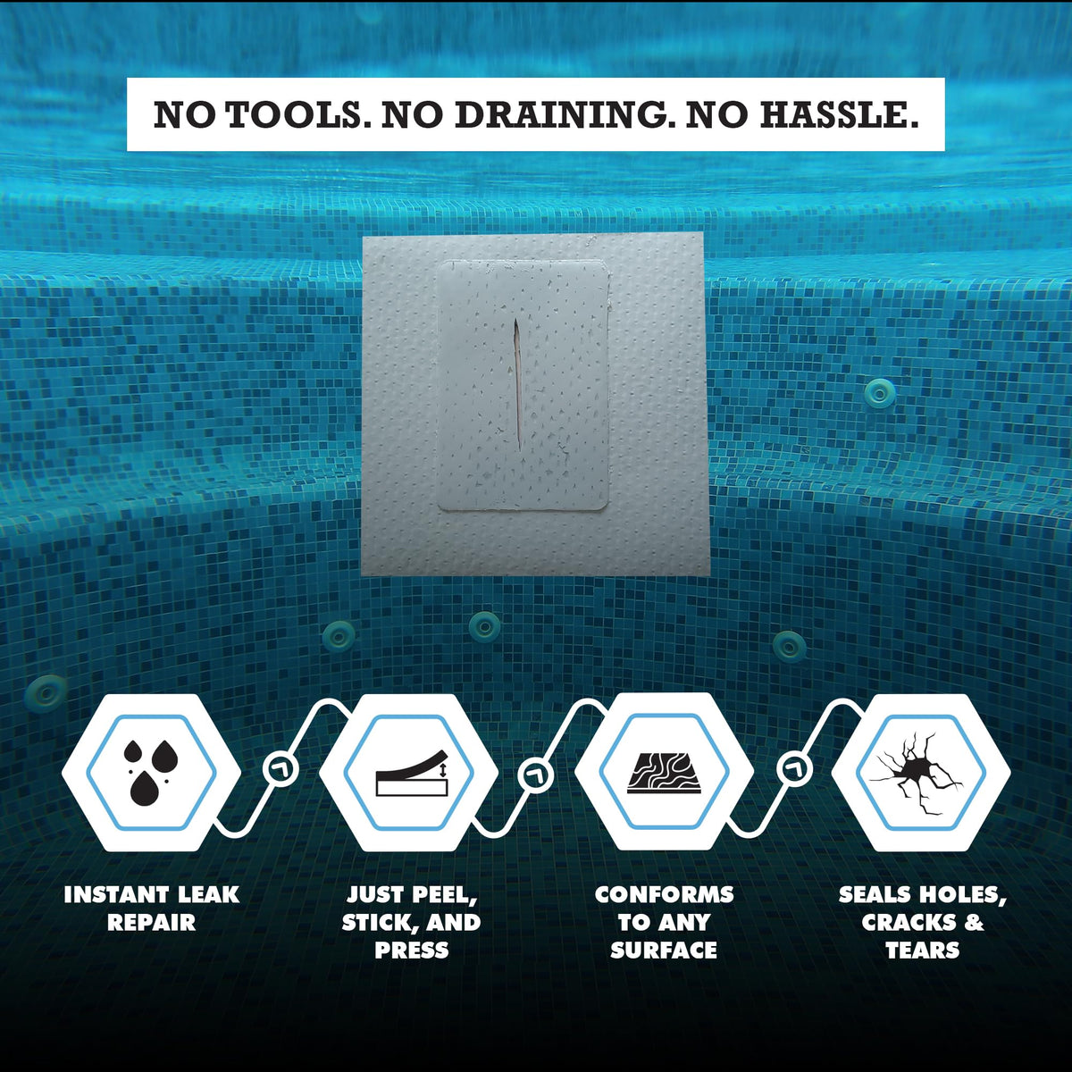 Patch applied to vinyl pool wall to seal cracks discreetly.