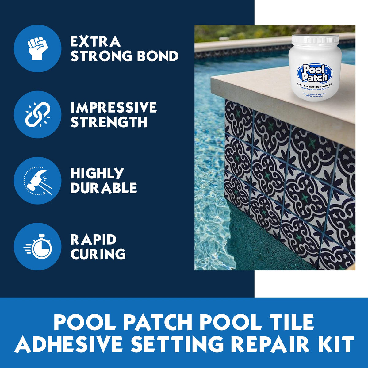 Pool Patch waterproof Portland cement mix used for pool tile repairs.