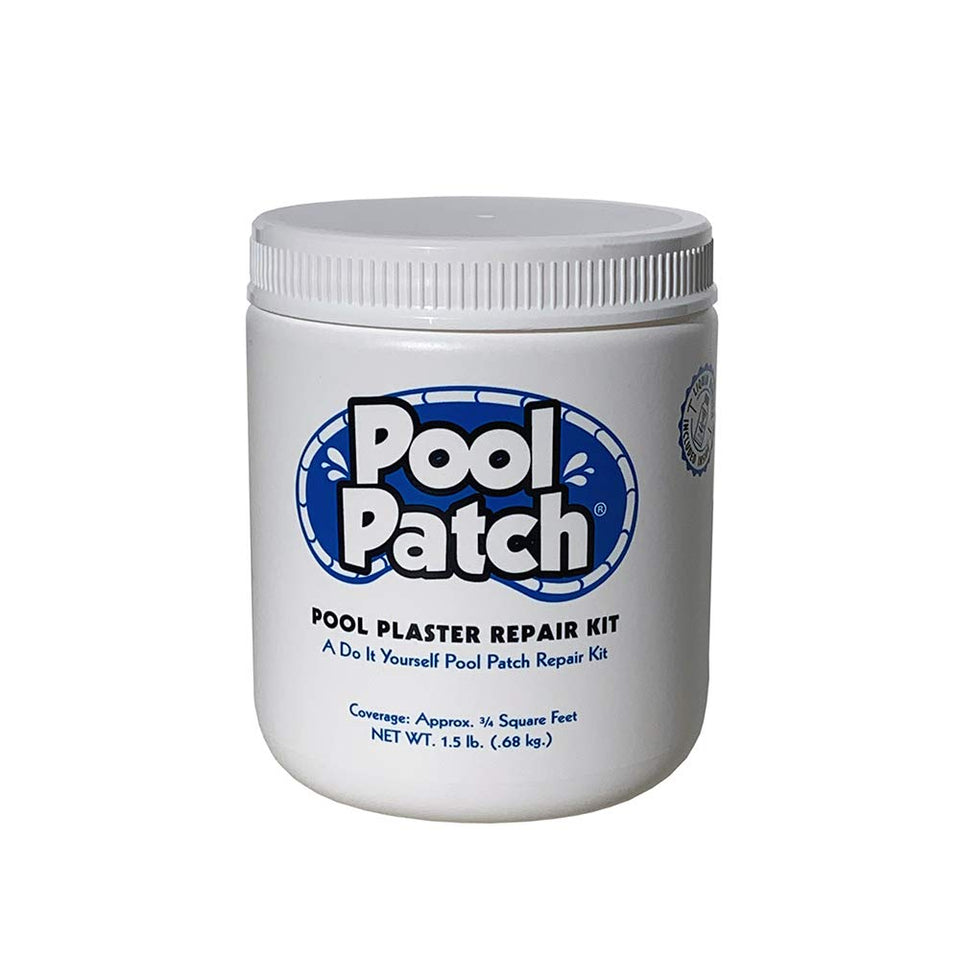 Pool Patch white plaster powder bag shown for quick DIY pool repairs
