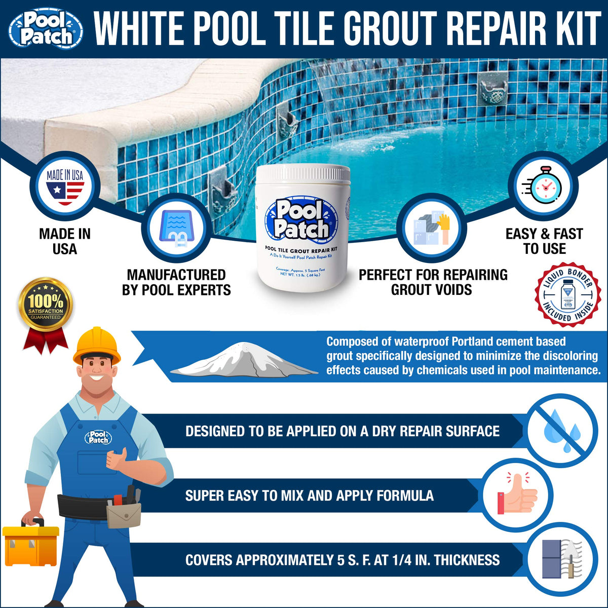 Pool Patch white tile grout kit mixing in bowl for easy DIY repairs.