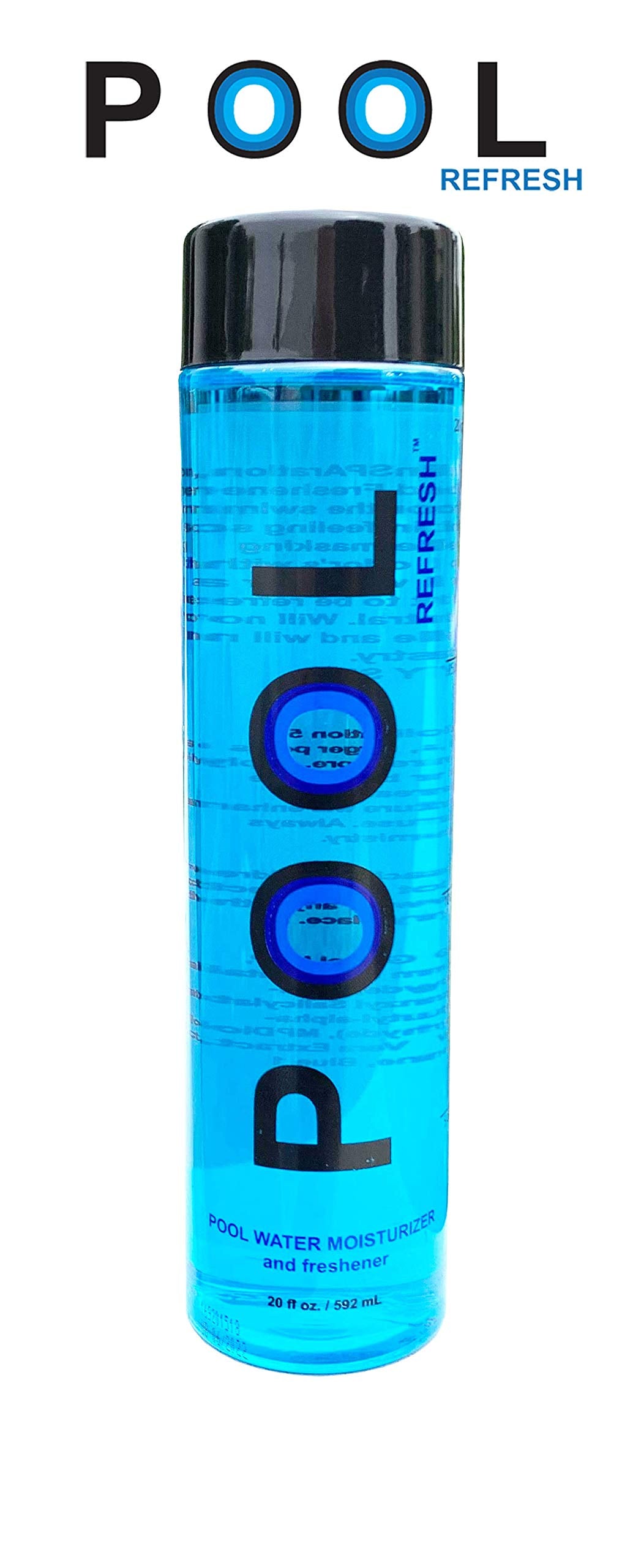 Pool Refresh bottle label close-up highlights neutral pH and no clouding.