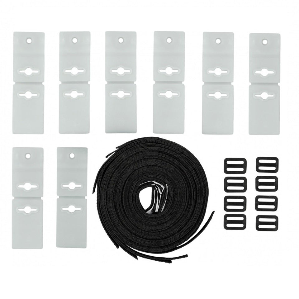 Pool Ruler solar cover reel attachment kit components laid out for quick setup