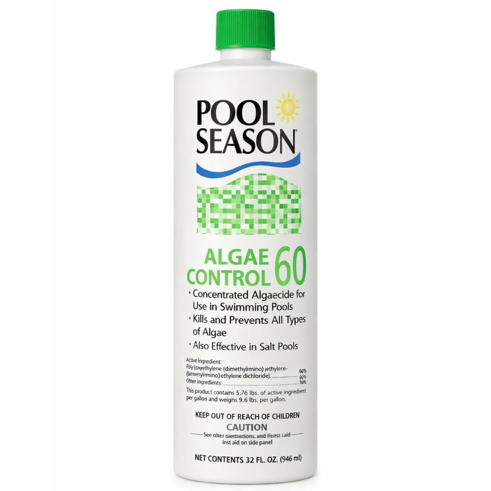 Pool Season Polyquat 60 bottle pouring for fast algaecide application and easier treatment