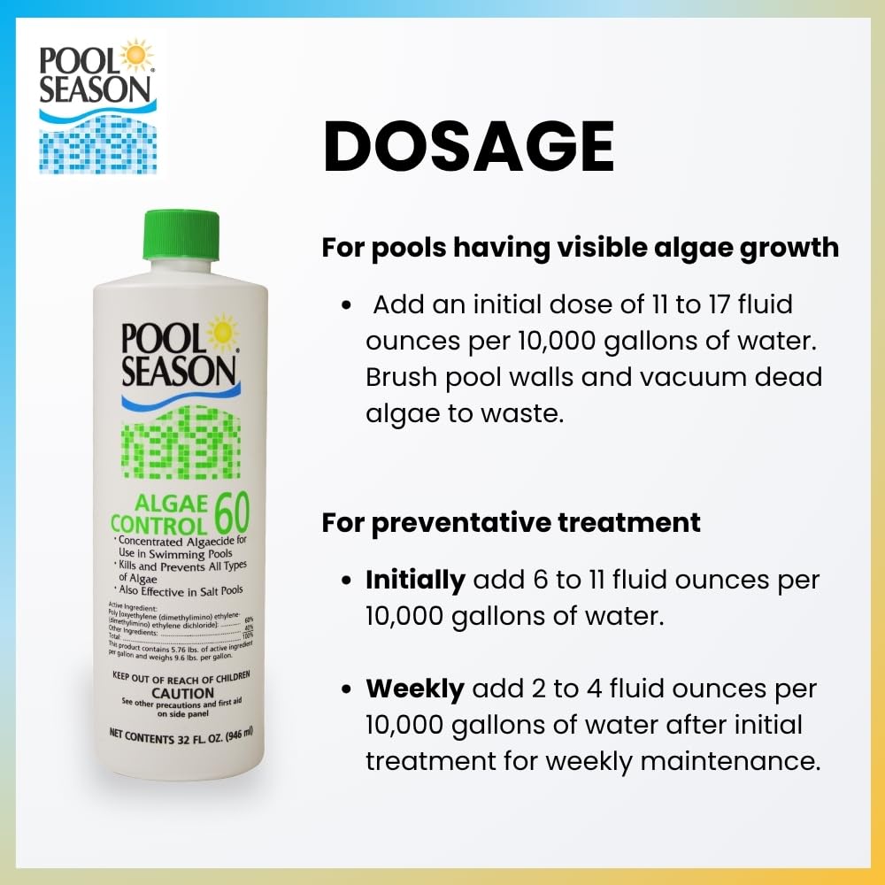 Pool Season Polyquat 60 works with chlorine, bromine, and salt systems