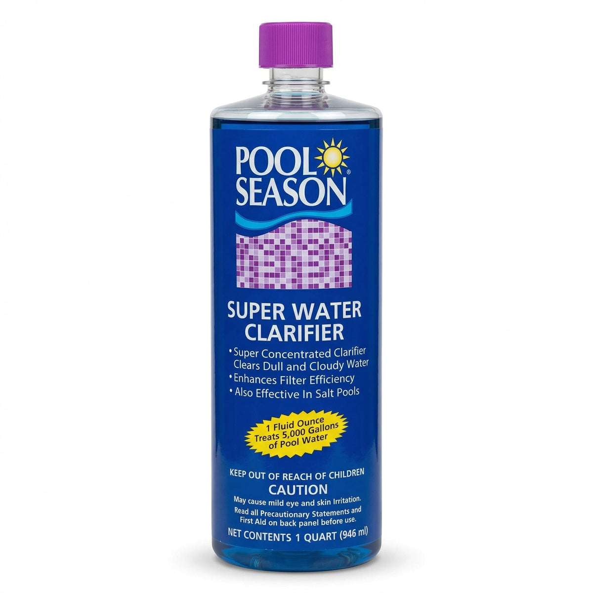 Pool Season Super Water Clarifier bottle pour improves clarity instantly