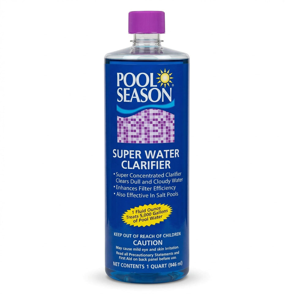 Pool Season Super Water Clarifier bottle pour improves clarity instantly
