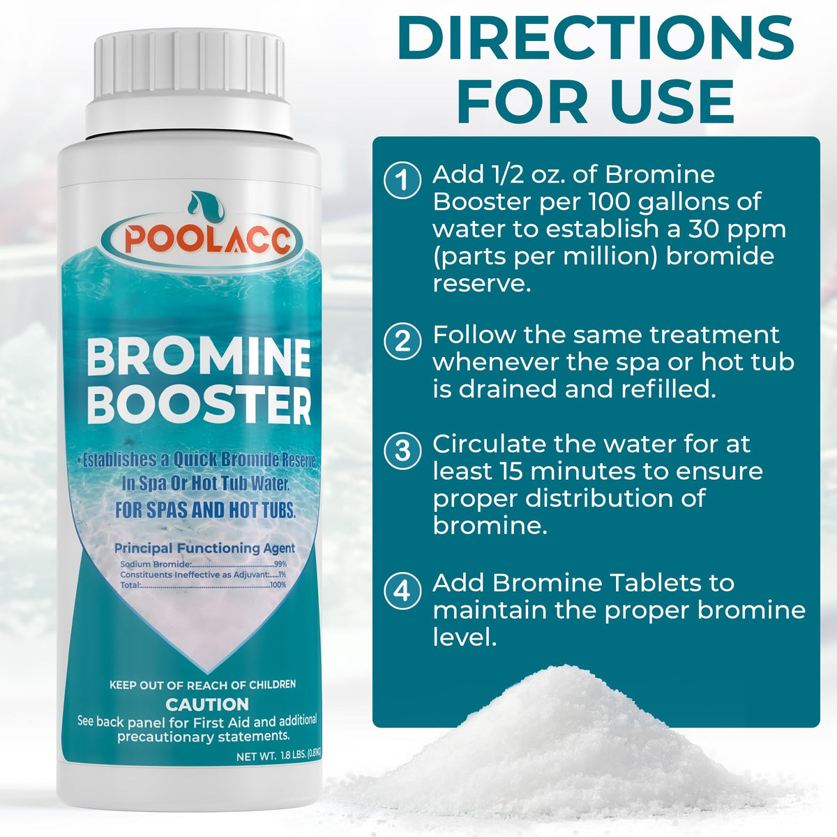POOLACC Bromine Booster back label close-up details usage directions.