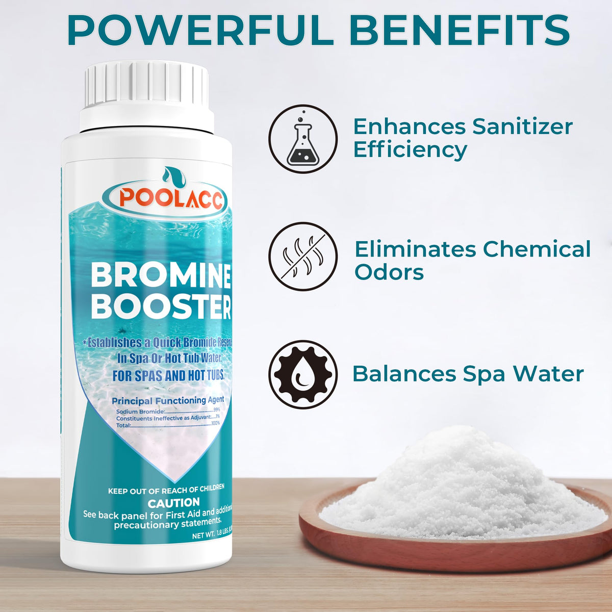 POOLACC Bromine Booster concentrate label close-up highlights product purpose.