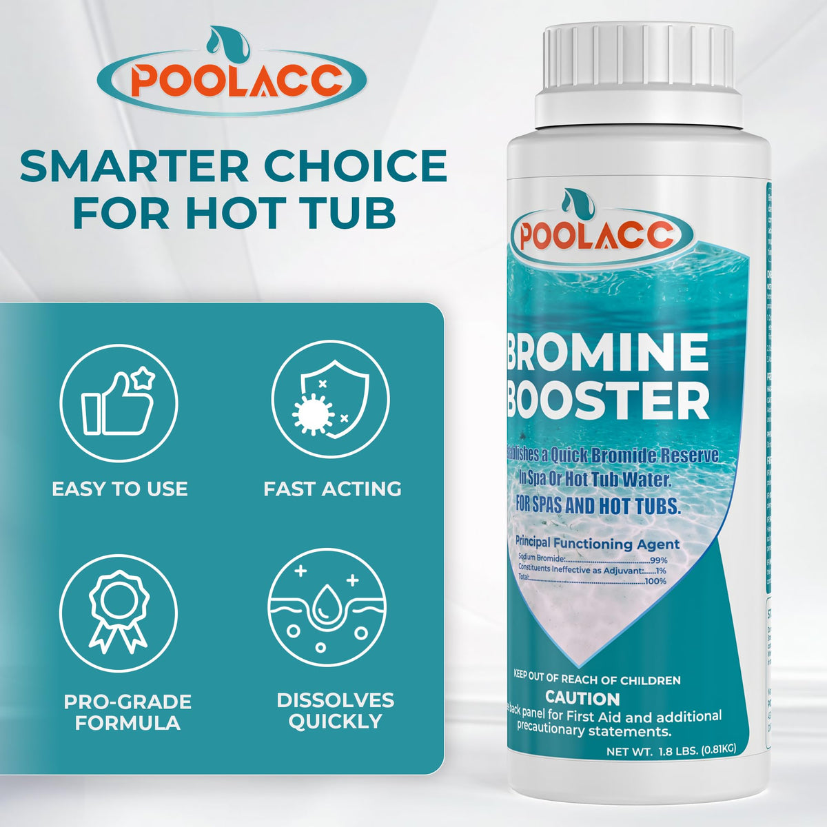 POOLACC Bromine Booster shows 2oz dispensing for rapid bromide reserve refresh.