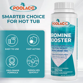 POOLACC Bromine Booster shows 2oz dispensing for rapid bromide reserve refresh.