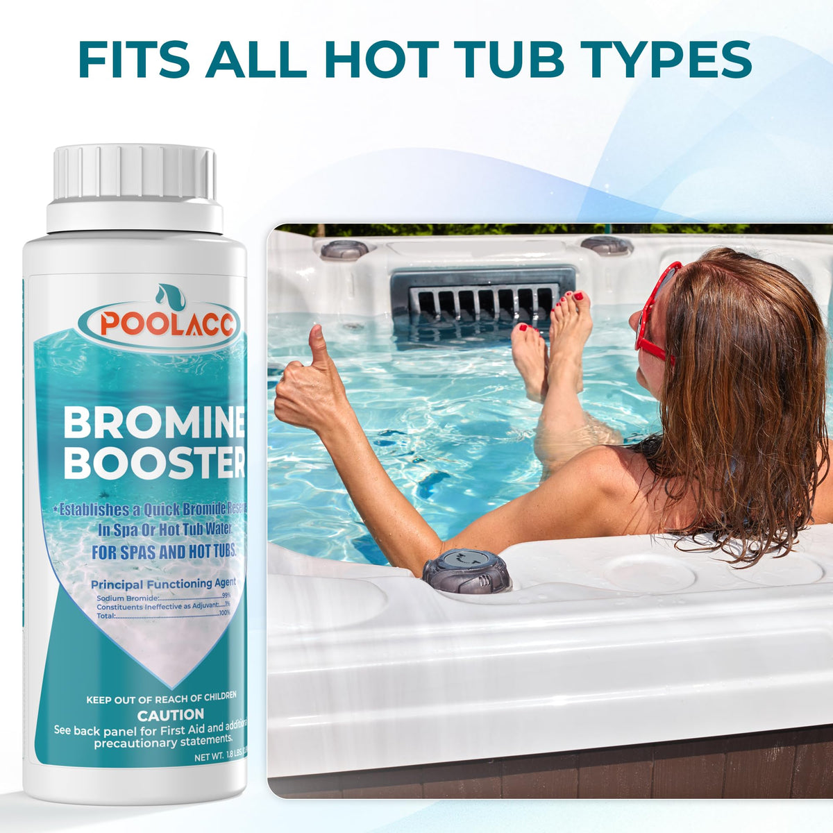 POOLACC Bromine Booster packaging on shelf communicates professional-grade spa care.