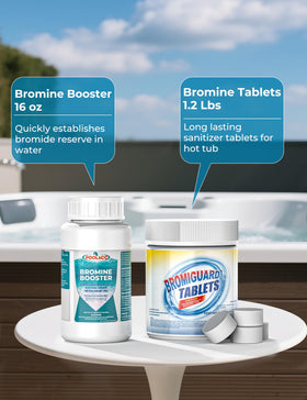 Poolacc bromine tablets and booster for continuous spa sanitization.