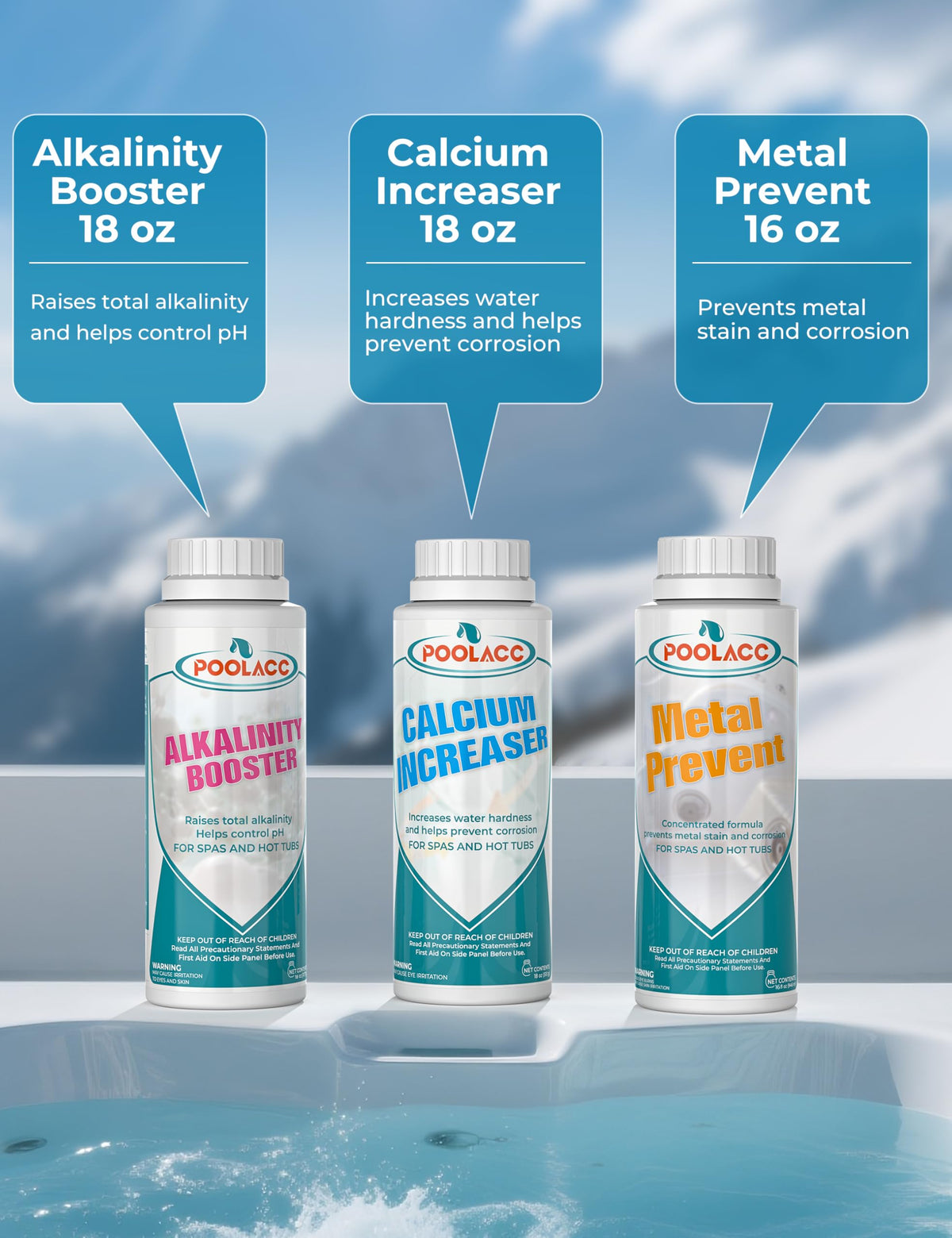 Poolacc pH and alkalinity balance tools maintaining stable spa chemistry.
