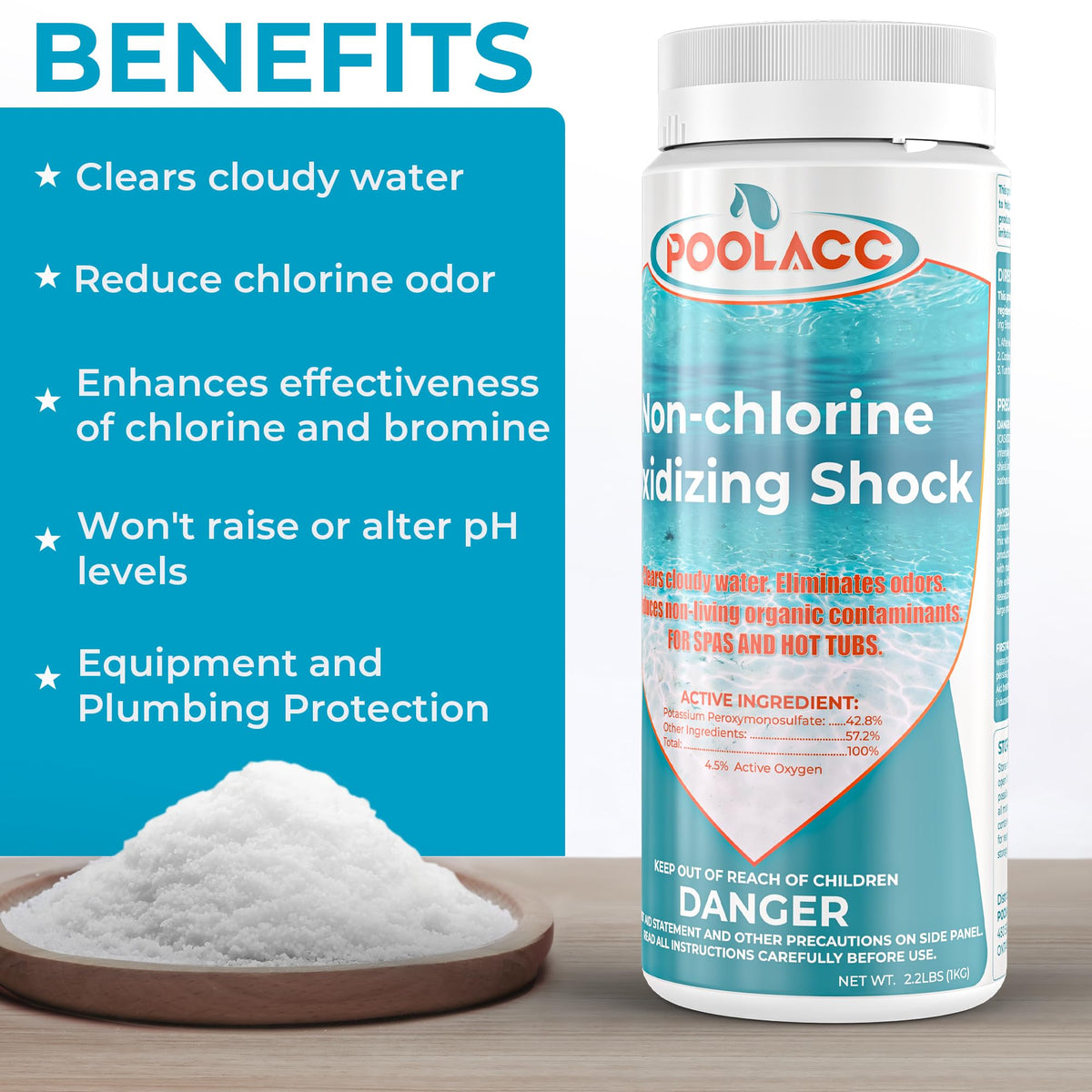 POOLACC spa shock bottle being poured for quick dosing