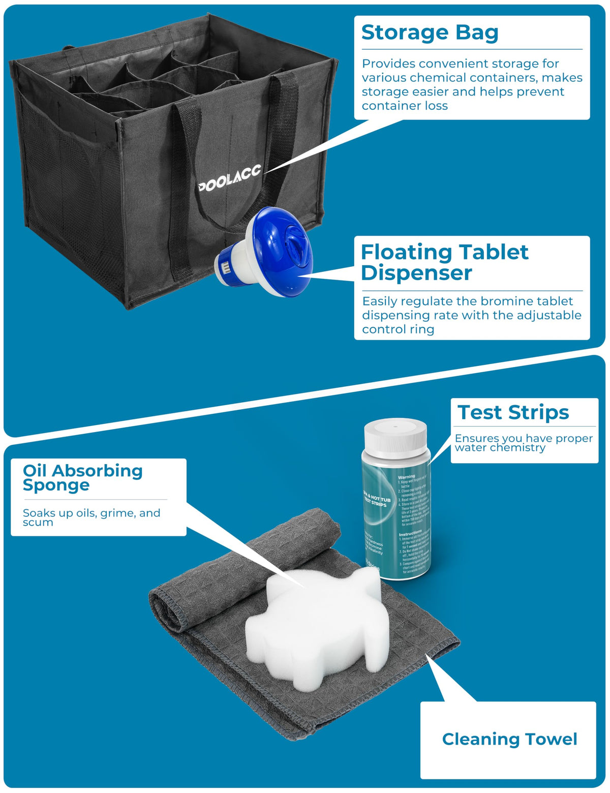 Poolacc 50 test strips and chemical dispenser for easy monitoring.