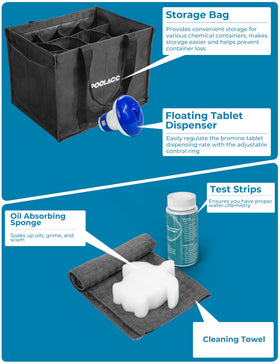 Poolacc 50 test strips and chemical dispenser for easy monitoring.