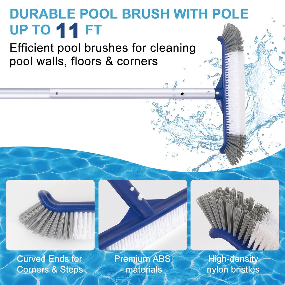 Poolaza 10.5-foot aluminum pole provides extended reach for hard-to-reach areas.