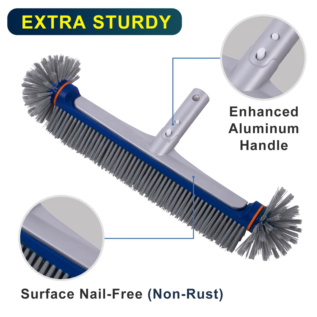 POOLAZA 360-Degree Pool Brush aluminum-handle closeup showing 45-degree angle for easy pushing