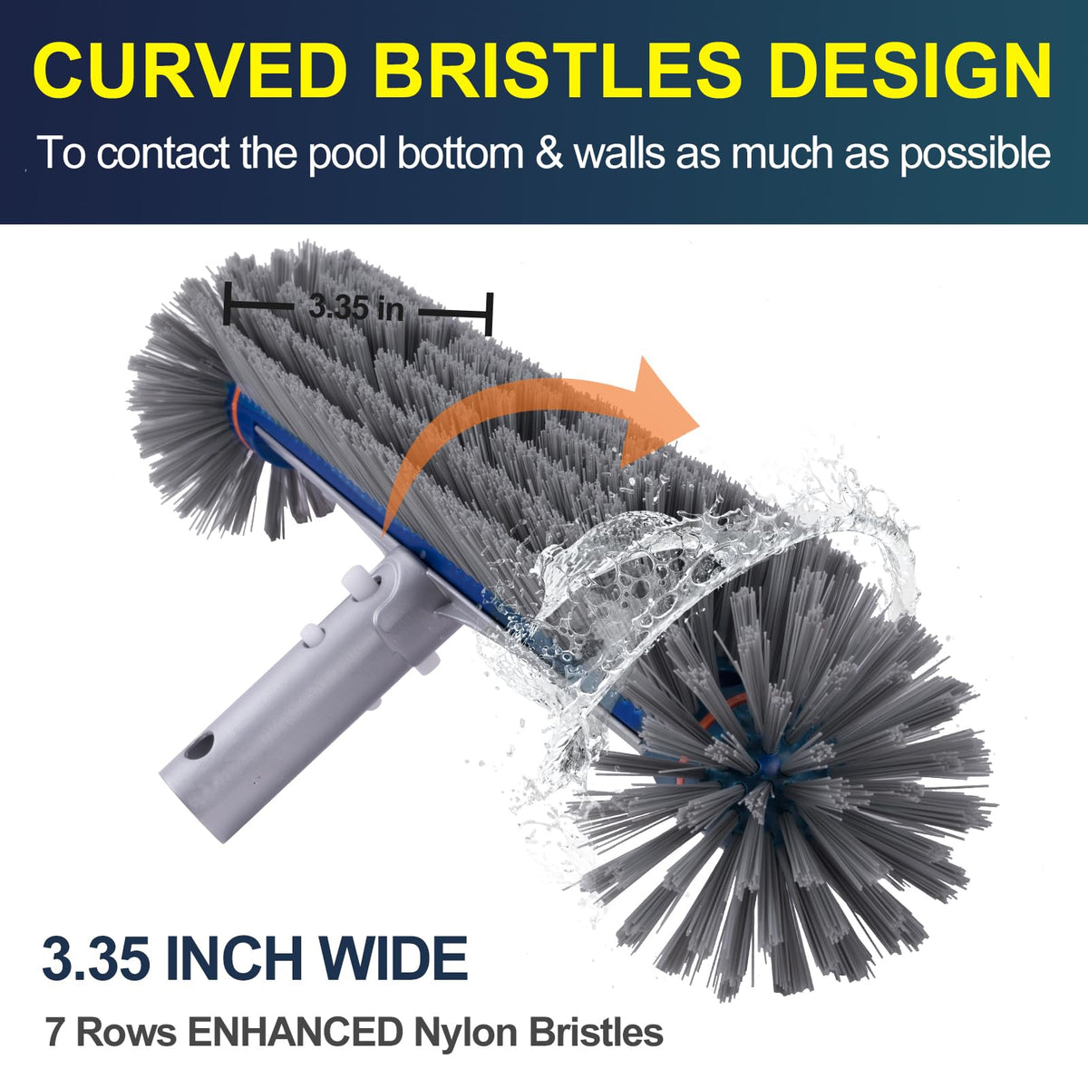 POOLAZA 360-Degree Pool Brush bristles closeup emphasizing curved bristles contacting surfaces