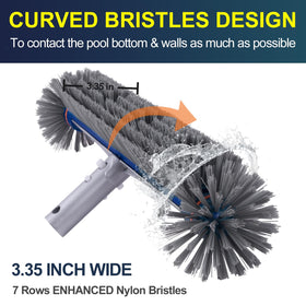 POOLAZA 360-Degree Pool Brush bristles closeup emphasizing curved bristles contacting surfaces