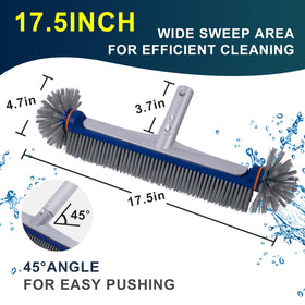 POOLAZA 360-Degree Pool Brush in action with pole demonstrating wide sweep across walls