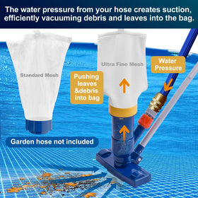 Poolaza 56-inch aluminum pole provides reach for thorough cleaning.