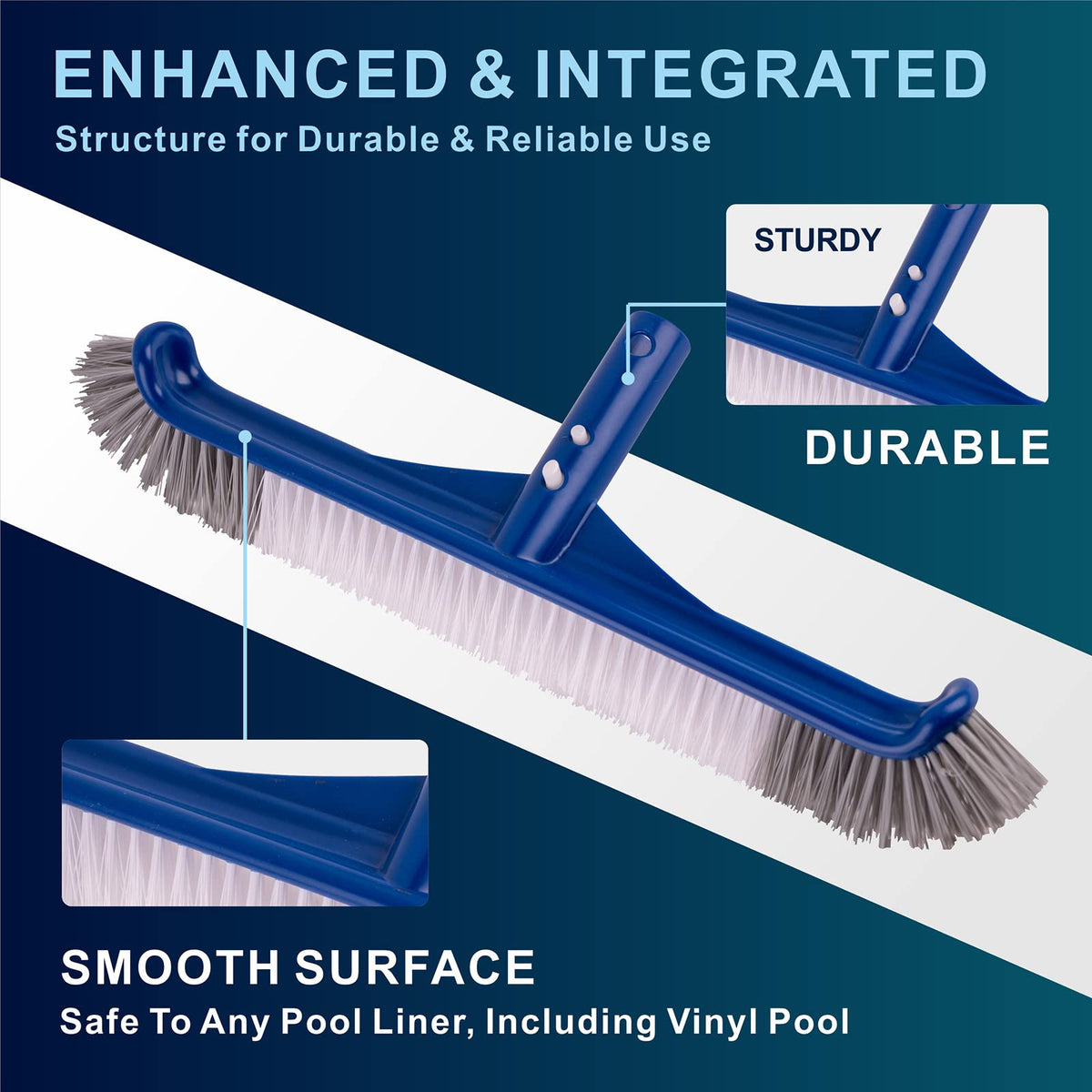 POOLAZA angled-45-degree brush head enables comfortable scrubbing along pool surfaces.