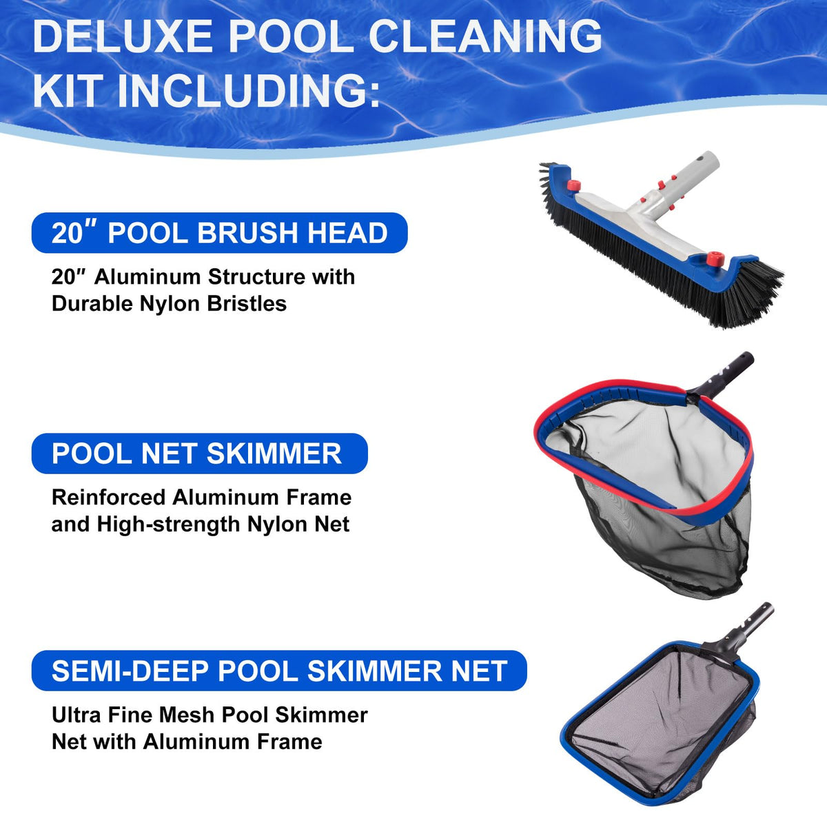 Poolaza Deluxe 17.5-inch deep pool net skimmer with aluminum handle for easy debris capture.