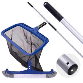 Poolaza full kit with skimmer, brush, and pole enables efficient pool cleaning.