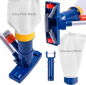 Poolaza manual vacuum with double mesh bag captures debris and fine sediment in pools.