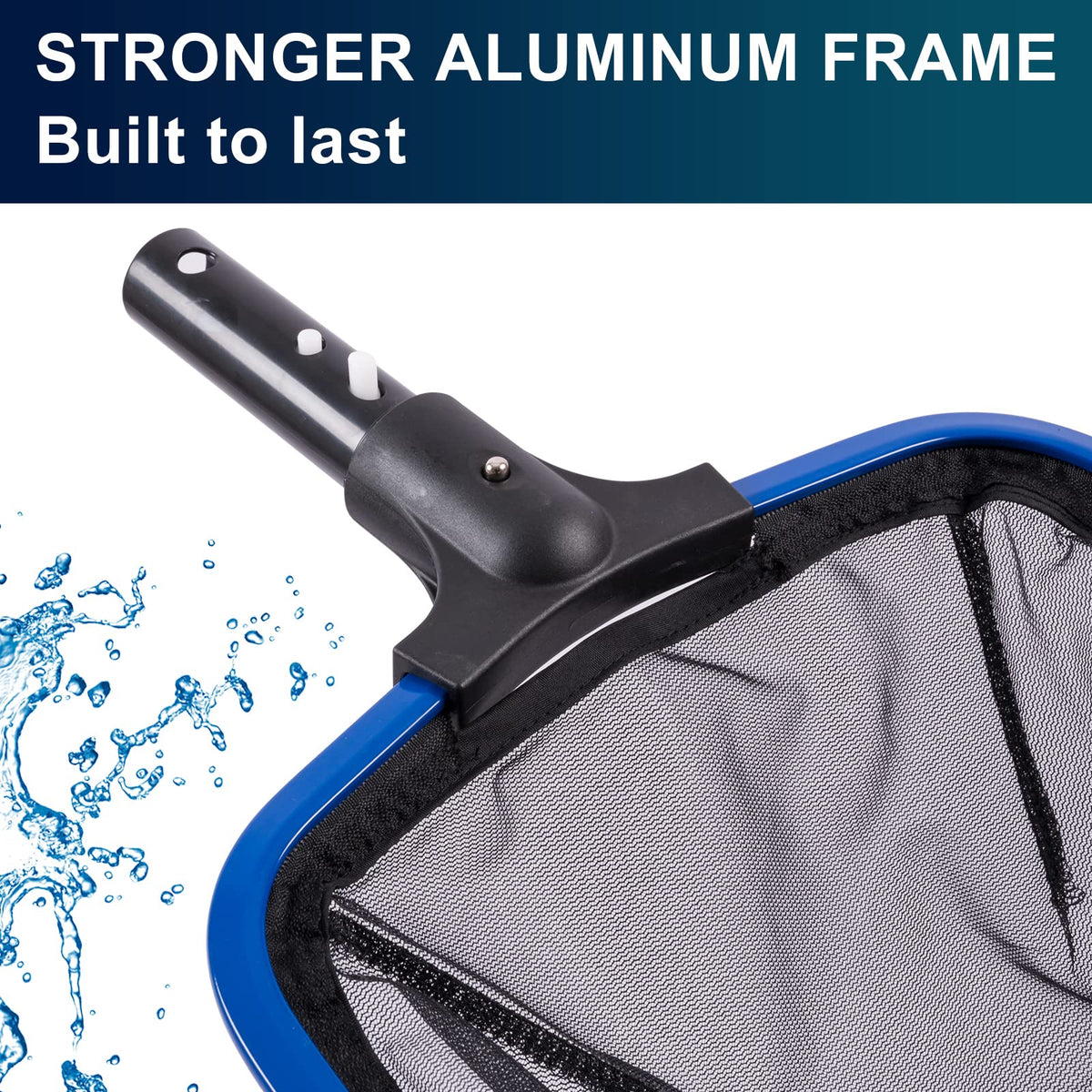 Reinforced connection between PoolAZA handle and frame for reliability.
