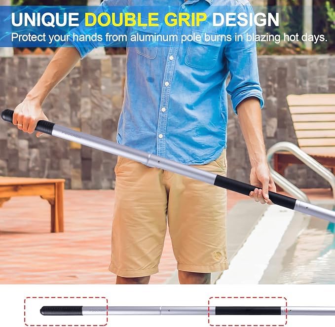 Poolaza telescopic aluminum pool pole extended to 10.5 feet for easy reach.