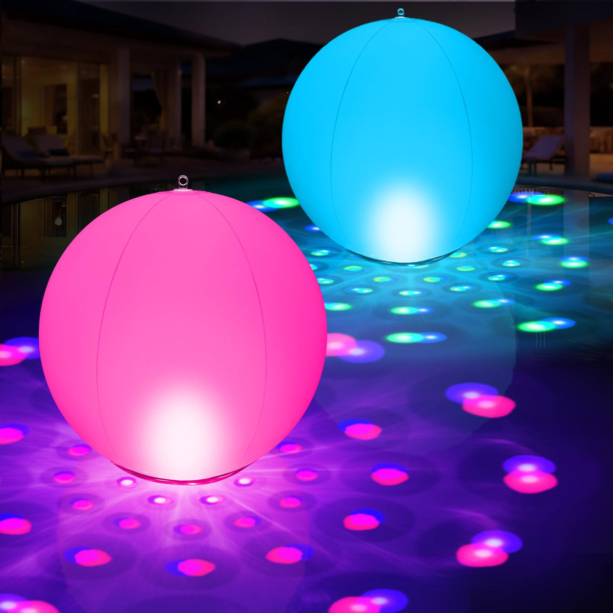 PoolBliss 15in floating glow ball casting shimmering dots across the pool