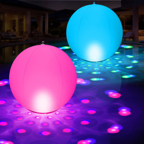 PoolBliss 15in floating glow ball casting shimmering dots across the pool