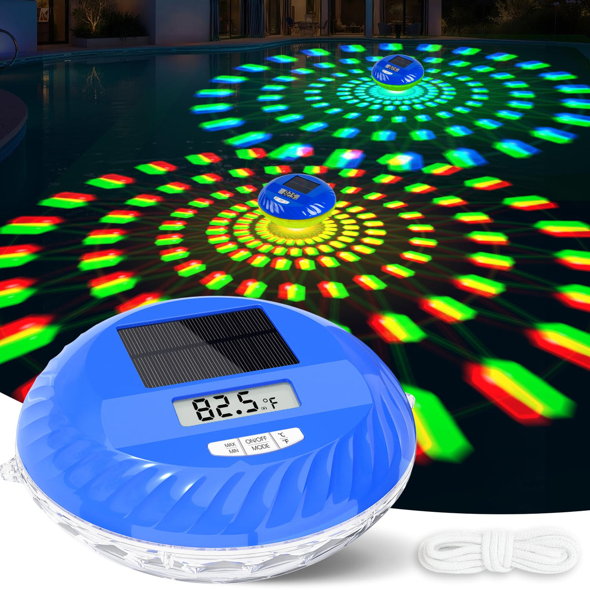 PoolBliss solar pool light with thermometer floating in water for real-time temperature reading