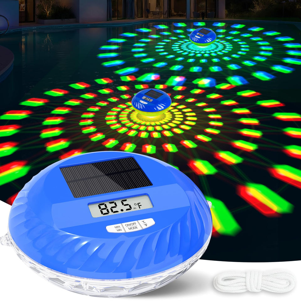 PoolBliss solar pool light with thermometer floating in water for real-time temperature reading