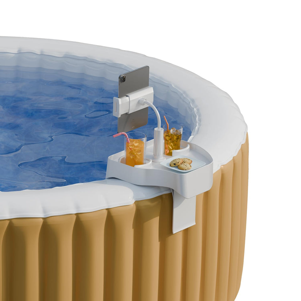 POOLCOMFT hot tub table tray with adjustable phone holder attached to tub edge for easy viewing