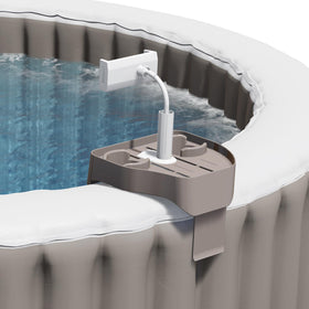 POOLCOMFT hot tub table tray with adjustable phone holder for hands-free viewing.