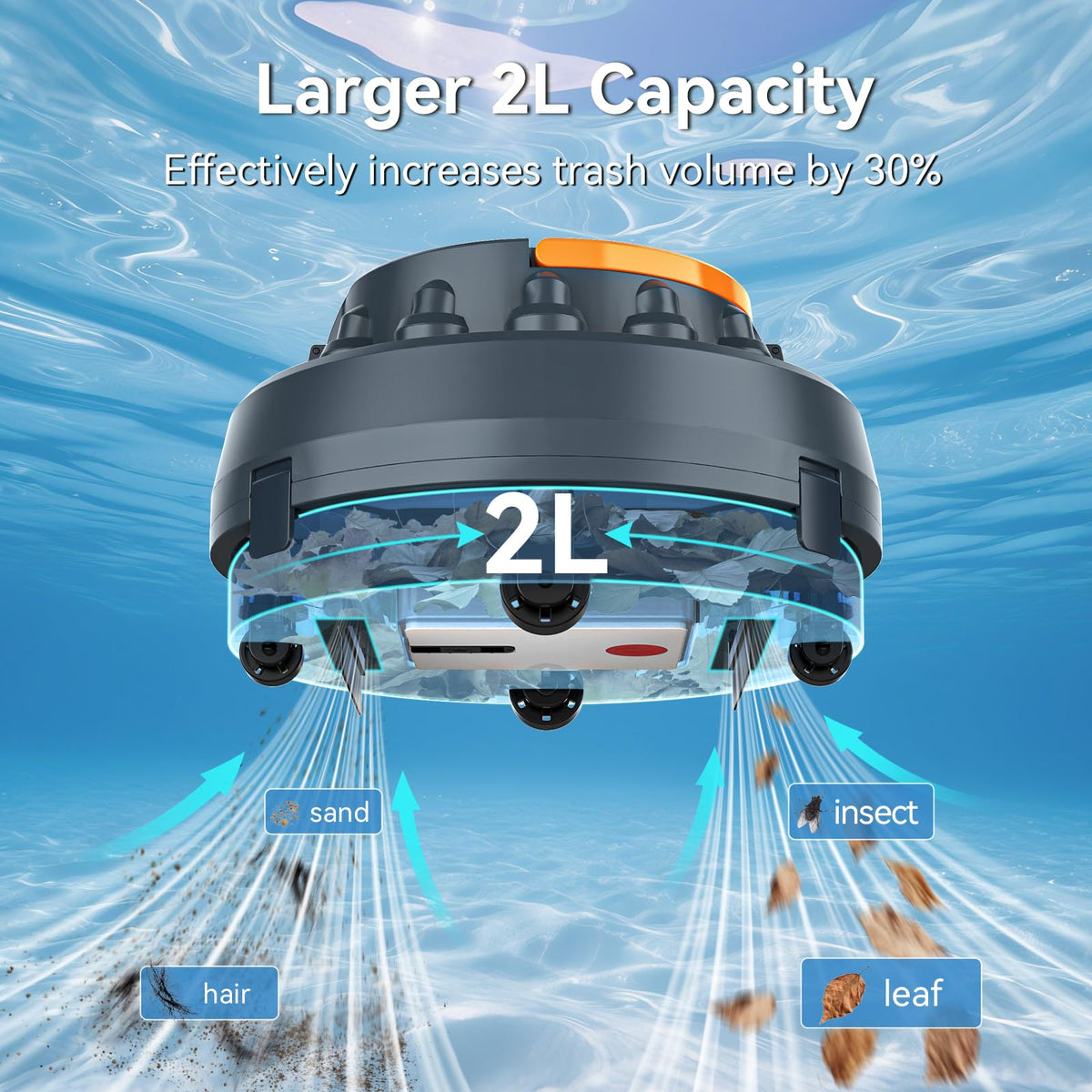 Poolease X2 debris capacity of 2L enables longer cleaning.