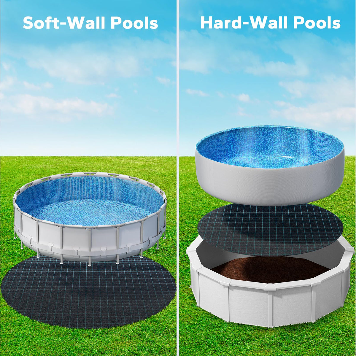 POOLHACKER round pool liner geotextile closeup highlights strong fabric shields against wear.