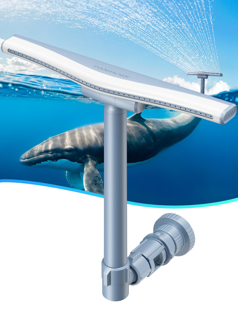 PoolHacker Whale Tail Fountain wide spray creates cooling and ambient pool drama.