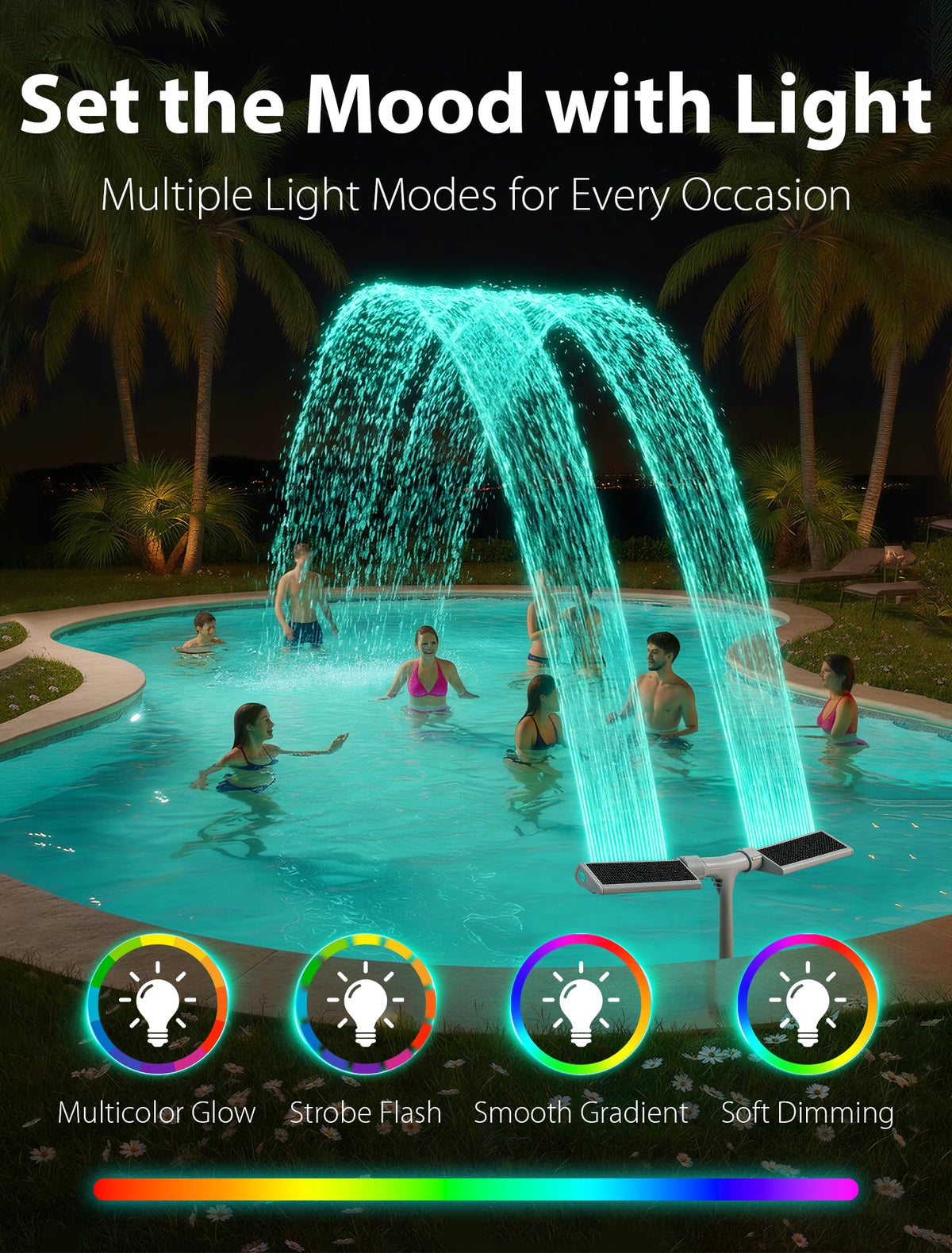 PoolHour 360-degree spray shows flexible water patterns for cooling and relaxation.