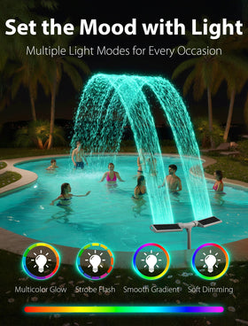PoolHour 360-degree spray shows flexible water patterns for cooling and relaxation.