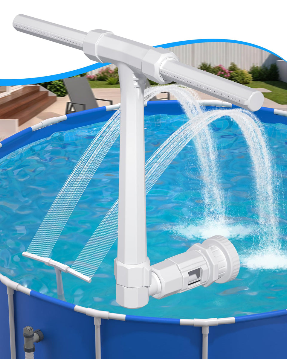 POOLHOUR fountain demonstrates its dual spray action for a lively pool ambiance.