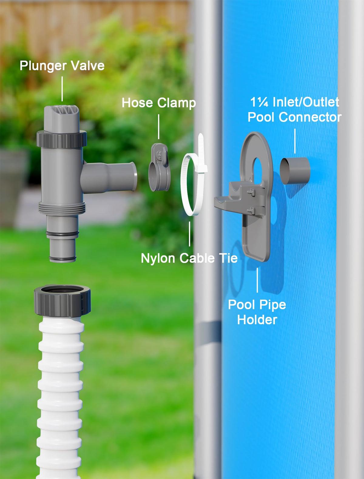 POOLHOUR integrated pipe holder on the wall helps prevent hose sag.