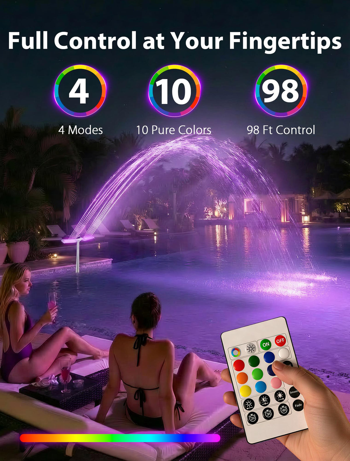 PoolHour wireless remote enables timing and color changes up to 98 feet.