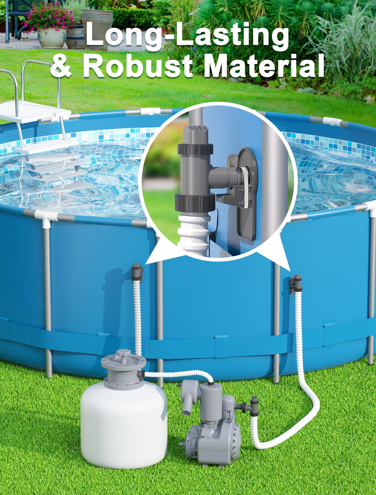 POOLHOUR universal hose compatibility supports 1.25 and 1.5 inch hoses.