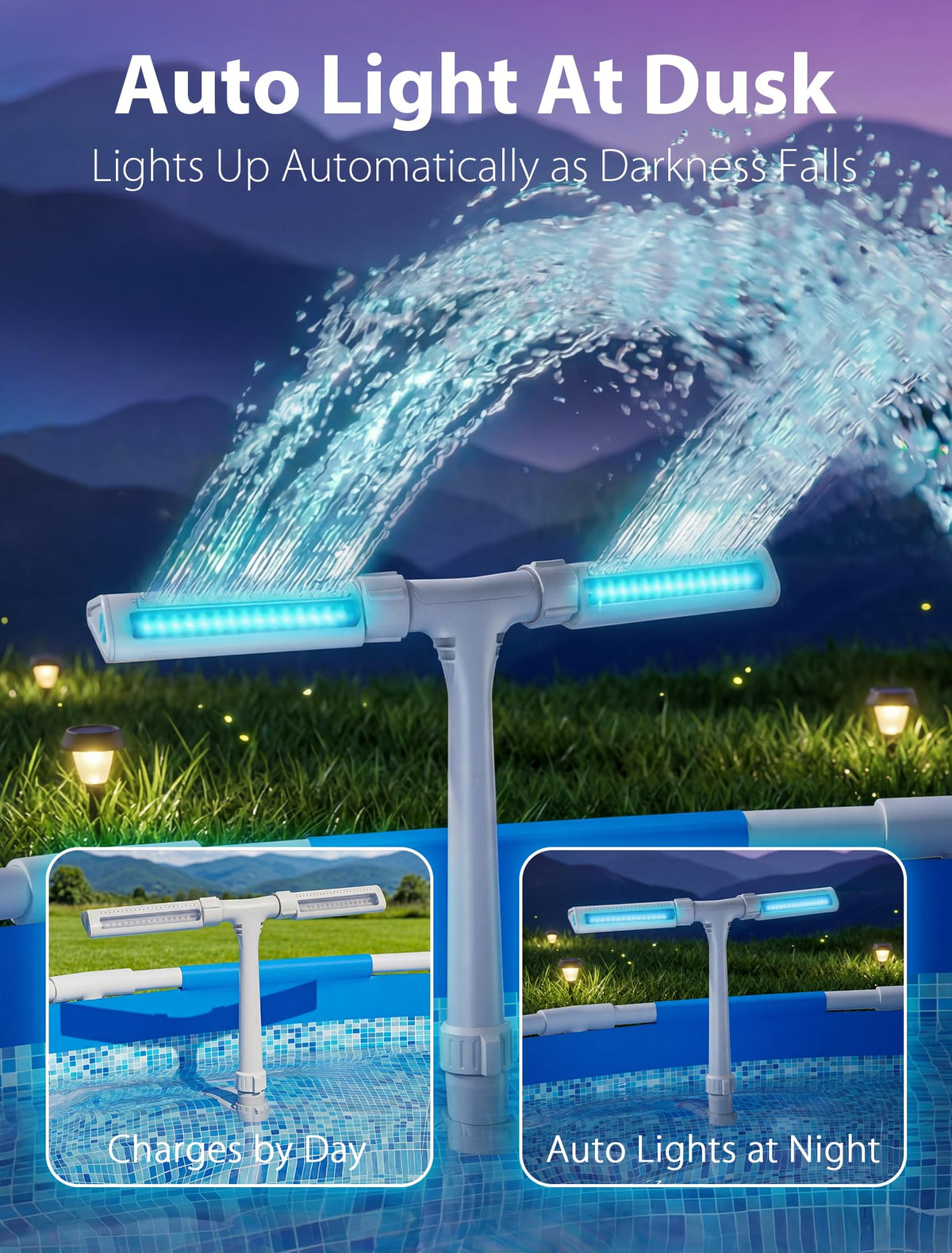 PoolHour 10-color LED feature highlights vibrant nighttime ambiance for poolside gatherings.