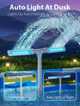 PoolHour 10-color LED feature highlights vibrant nighttime ambiance for poolside gatherings.